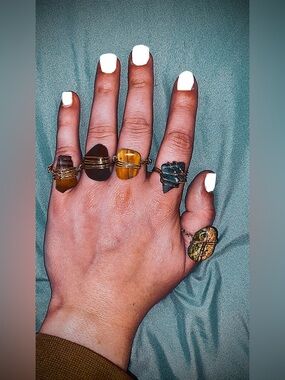 Handcrafted Natural Stone Wire-Wrap Rings in Amber and Green - Set of 5